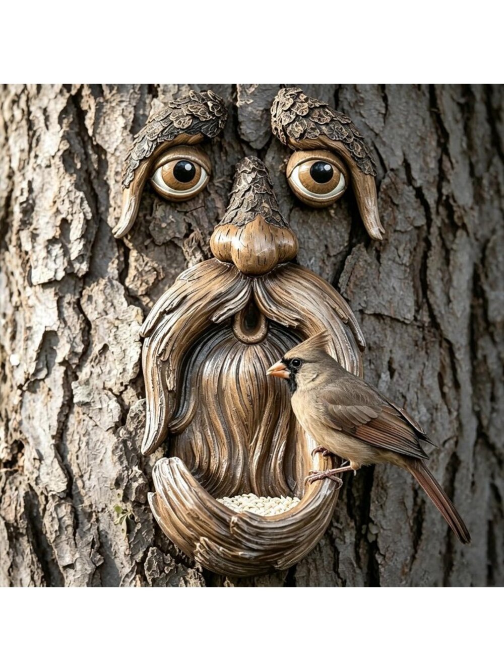 Whimsical Tree Face Decor for Outdoor Spaces, Unique Tree Stump Art & Bird